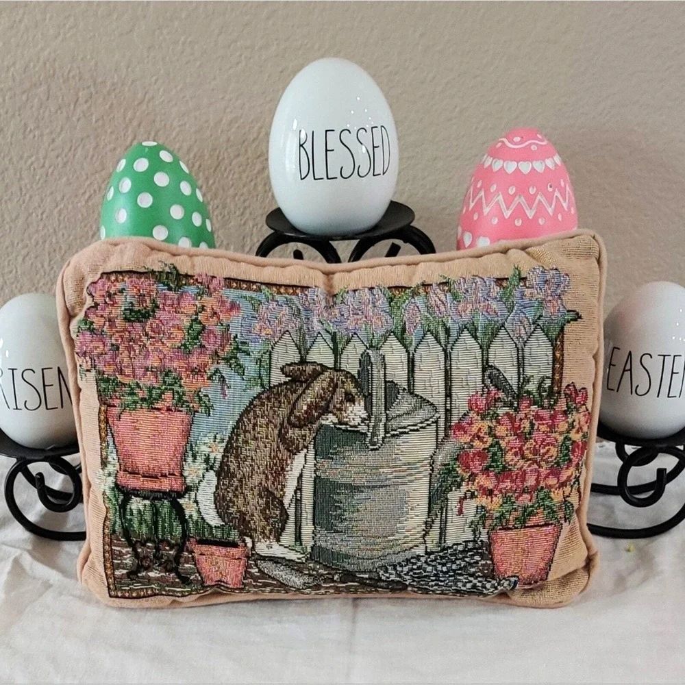 Grannycore Cottagecore Easter Tapestry Bunny Watering Can Floral Pillow
